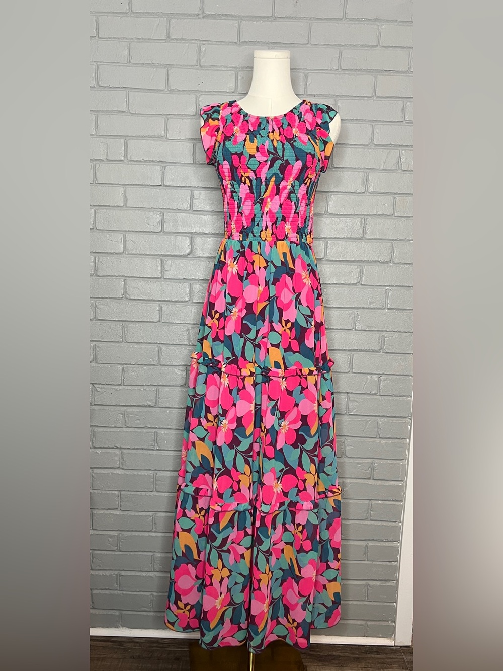 MELLODAY Multicolored Floral Maxi Tiered Dress With Smocked Detailing Size Small - Picture 4 of 16